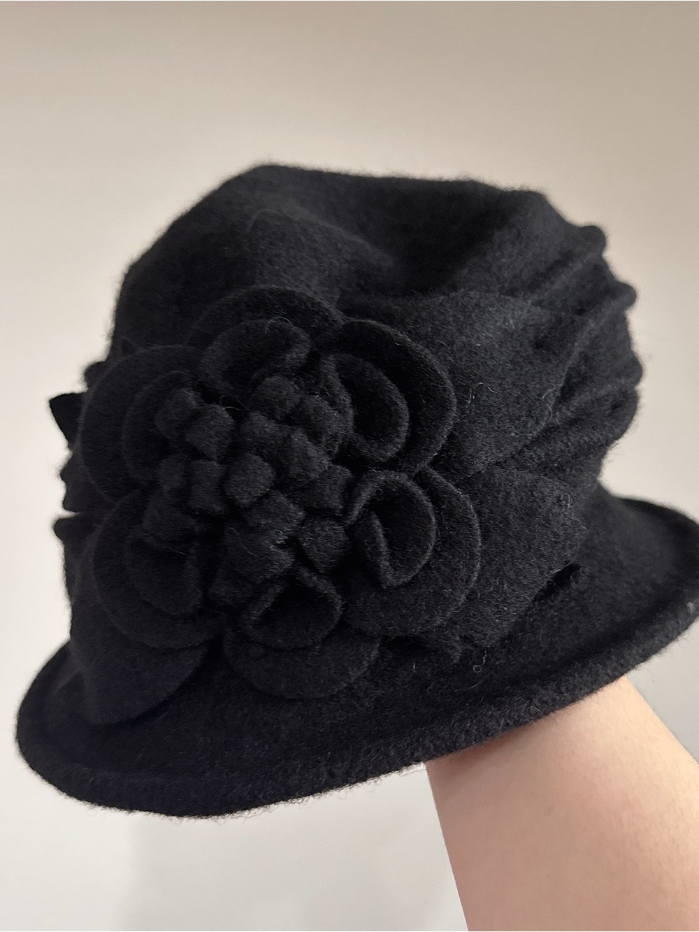 Women's Black Floral Wool Bucket Hat